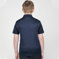 Navy polo shirt with gold contrast piping along shoulders and sleeves, rear view