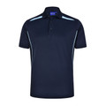 Navy polo shirt with white contrast piping along shoulders and sides, featuring collar and button placket