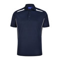 Navy polo shirt with white contrast piping along shoulders and sides