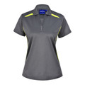 Charcoal grey ladies polo shirt with fluorescent yellow contrast piping on shoulders and sides