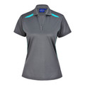Charcoal grey ladies polo shirt with bright teal shoulder contrast panels and matching sleeve trim