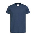 Navy blue kids t-shirt with crew neck and short sleeves, smooth cotton construction with flat front panel