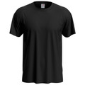 Black crew neck t-shirt with short sleeves and tubular construction displayed on white background