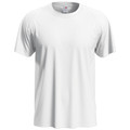 White crew neck t-shirt with short sleeves and tubular construction featuring smooth fabric finish