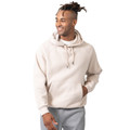Sand beige pullover hoodie with kangaroo pocket and drawstring hood on male model