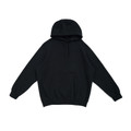 Black cotton-rich kangaroo pocket hoodie with drawstrings laid flat on white background