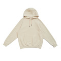 Cream cotton-rich hoodie with kangaroo pocket and matching drawstrings laid flat on white background