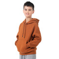 Rust orange hooded pullover sweatshirt with kangaroo pocket and dark drawcords on youth model