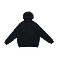 Black zip-up hoodie with drawstring hood and front pockets laid flat on white background