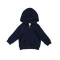 Navy blue children's zip-up hoodie with kangaroo pockets and ribbed cuffs on white background