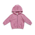 Dusty pink zip-up hoodie with kangaroo pocket and ribbed cuffs laid flat on white background