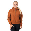 Woman wearing a burnt orange cotton rich half-zip hoodie with hood and raglan sleeves