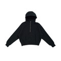 Black cotton rich ladies half zip hoodie with drawstring hood, ribbed cuffs and cropped boxy fit