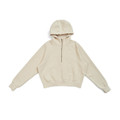 Cream half-zip hoodie with hood and ribbed cuffs on white background