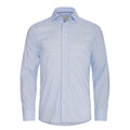 Men's sky blue fine gingham check dress shirt with spread collar and gold-tone buttons