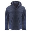 Navy softshell jacket with detachable hood, front zip closure, and zippered side pockets