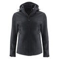 Charcoal grey women's softshell jacket with detachable hood, full zip front and zippered side pockets