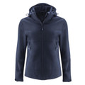 Navy softshell jacket with detachable hood, zippered hand pockets and full-length front zipper