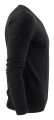 Side view of black v-neck organic cotton sweater showing ribbed cuffs and hem detail