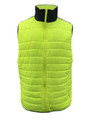 Safety yellow quilted puffer vest with black contrast collar and full-length zip, sleeveless packshot