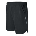 Black athletic shorts with elasticated waistband, side pockets and reflective striped detail on thigh