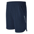 Navy athletic shorts with elasticated waistband, side pockets and reflective stripe detail