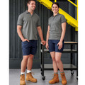 Pair modelling navy ripstop work shorts with grey polo shirts, showing durable casual workwear styling