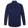 Navy long sleeve closed front work shirt rear view showing back yoke panel and button cuffs