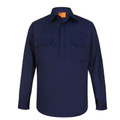 Navy long sleeve work shirt with chest pockets and button-down collar in closed front style