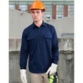Navy work shirt with dual chest flap pockets and long sleeves on model wearing orange hard hat