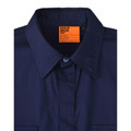 Navy work shirt with button-down collar, chest pockets, and orange internal label visible at neckline