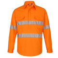 Hi vis orange closed front work shirt with perforated reflective tape bands and twin chest pockets
