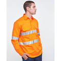 Man wearing hi vis orange closed front work shirt with dual reflective perforated tape bands and chest pockets