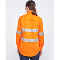 Fluorescent orange hi-vis work shirt with silver reflective tape stripes across back, rear view on model