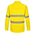 Back view of yellow hi vis long sleeve work shirt with twin perforated reflective tape bands
