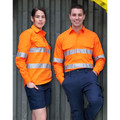 Male and female models wearing orange hi vis long sleeve closed front work shirts with silver perforated reflective tape