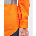 Close-up of orange hi vis work shirt cuff with button placket and grey perforated reflective tape panel