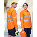 Male and female models wearing hi vis orange long sleeve work shirts with horizontal silver reflective perforated tape