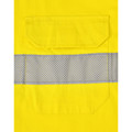 Close-up of fluorescent yellow hi vis shirt showing chest pocket and perforated reflective tape band