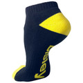 Navy ankle sock with bright yellow heel and toe panels, ribbed cuff, yellow brand text on side