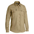 Khaki long-sleeved ripstop work shirt with chest pockets and arm pocket featuring button front closure