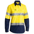 Women's yellow and navy hi vis long sleeve shirt with dual perforated reflective tape bands and chest pockets