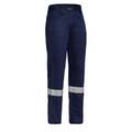 Navy women's ripstop work pants with twin silver reflective tape bands at lower leg, flat-front waistband