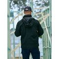 Rear view of man in black hooded softshell jacket on construction site, contrast hood panelling visible