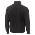 Black softshell bomber jacket rear view showing high collar, yoke panel, and ribbed cuffs and hem