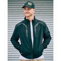 Man wearing black softshell bomber jacket with charcoal contrast panels, full-length zip and quilted sleeve detailing