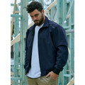 Navy soft shell bomber jacket with ribbed collar and cuffs worn over white tee