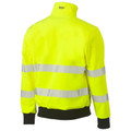 Back view of fluorescent yellow hi vis softshell bomber jacket with two reflective tape bands and dark navy ribbed hem and cuffs