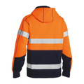 Orange and navy two-tone hi vis fleece hoodie rear view with dual reflective tape bands across back and sleeves