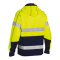 Rear view of fluoro yellow and navy two-tone hi vis fleece hoodie with two horizontal silver reflective tape bands